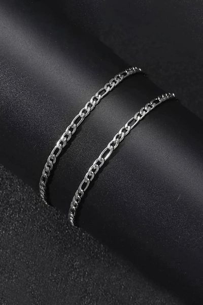 The Collection Unisex 2-Piece Figaro Chain Bracelet - Stainless Steel Silver (2 Pieces)