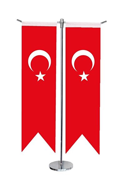 Saturn Masa Üstü Kırlangıç Ikili Türk Bayrağı Krom T Direk Masa Bayrak Seti