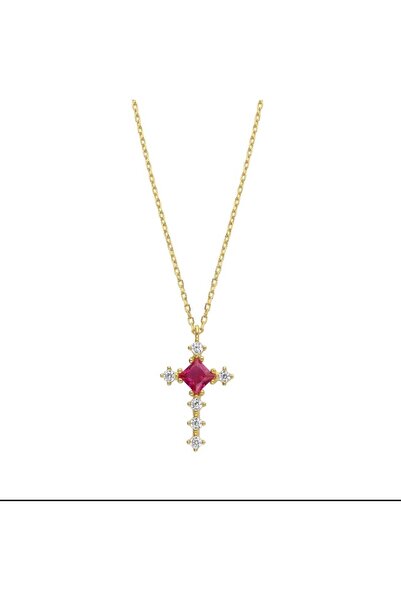Natural Jewelleryy 925 Ayar Gümüş Altın Kaplama Yakut Taşlı Haç Kolye