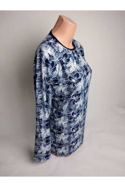 YAŞAR TRİKO Μπλε και λευκό μοτίβο - Γυναικείο μπλουζάκι με μακρυμάνικο λαιμόκοψη εποχιακό σουέτ
