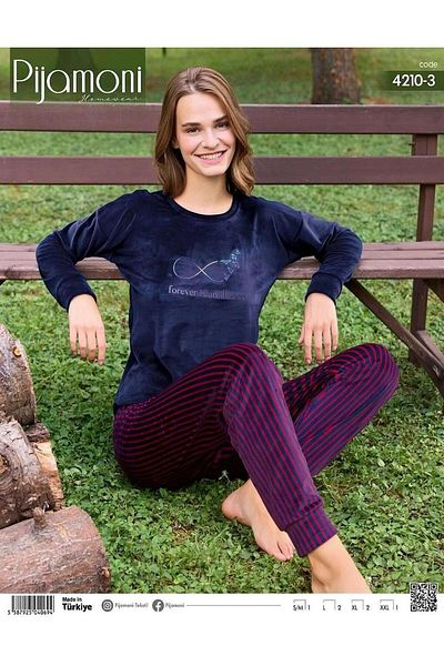Pijamoni Women's Winter Crew Neck Lycra Velvet Pajamas Set 4210/3- 1 Piece