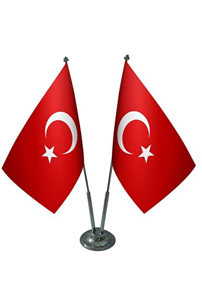 Saturn Masa Üstü Ikili Türkiye Cumhuriyeti Bayrağı Ikili Krom Direk Masa Bayr...
