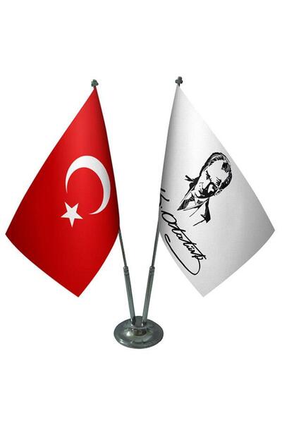 Saturn Masa Üstü Atatürk Imzalı Bayrağı Türk Bayrağı Ikili Krom Direk Masa Bayrak Seti