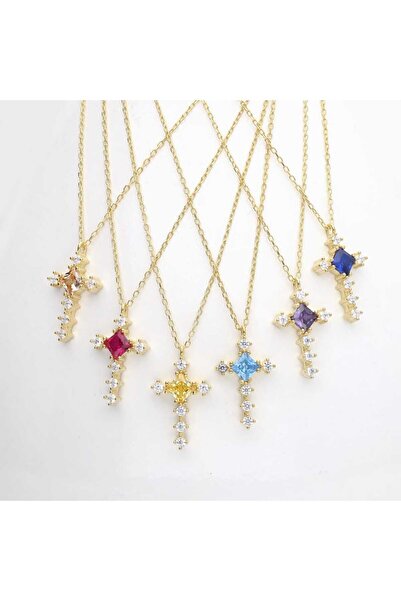 Natural Jewelleryy 925 Ayar Gümüş Altın Kaplama Mavi Topaz Taşlı Haç Kolye