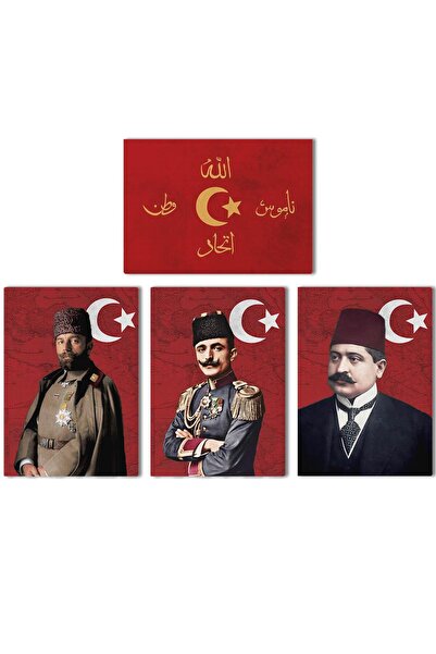 Saturn İttihat Terakki Sancağı Kanvas Tablo Seti 4'lü 40x55cm Enver Paşa Talat Paşa Cemal Paşa Ittihat Bayr