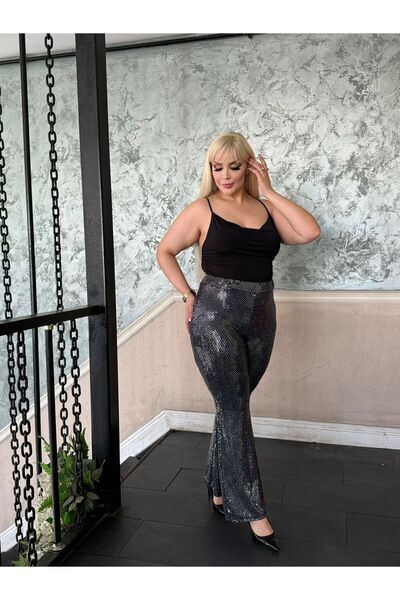 fly just Kadın Büyük Beden Pırıltılı Bol Paça Gri Pantolon