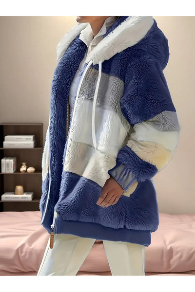 Yasee Renk Bloklu Kapüşonlu Rahat Üst, Peluş Fermuarlı Cep Detaylı Ceket