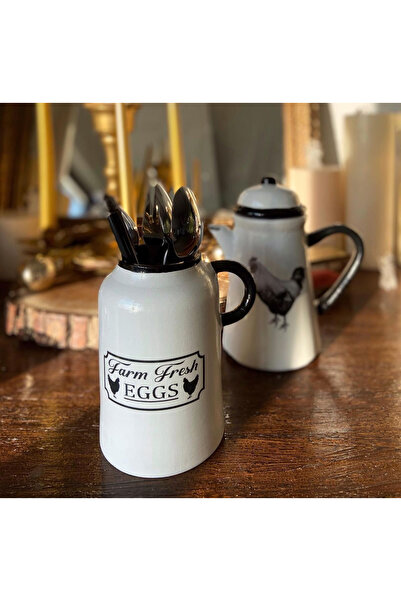 Handmadesign El yapımı seramik tek kulplu  tavuk horoz çiftlik temalı siyah b...