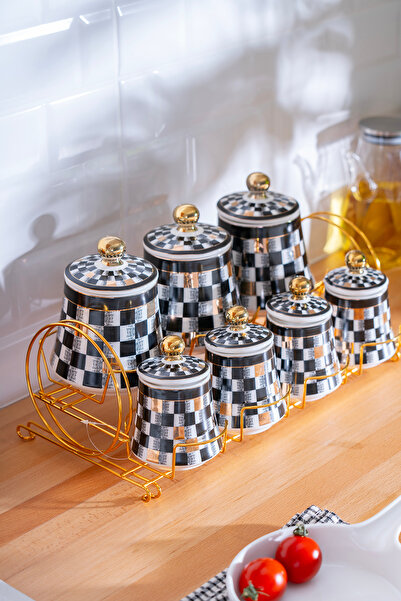 ACAR Master Magic Checkerboard Decor 8 Piece Porcelain Spice Set with Stand