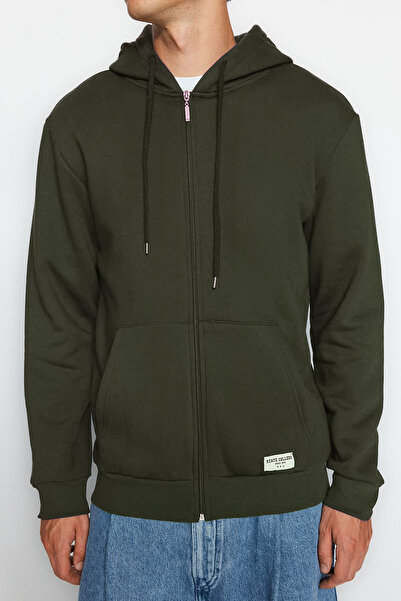 Trendyol Collection Fleecová mikina se zipem khaki – se štítkem, teplá Tmnaw23Sw00172