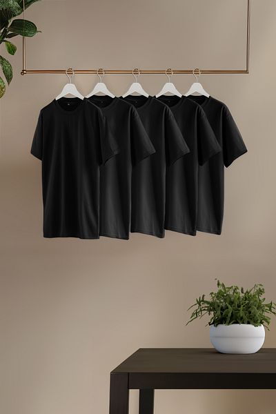 Trendyol Collection Μπλουζάκι 5'li Μαύρο λεπτή/λεπτή εφαρμογή 5'li Πακέτο 100% βαμβακερό ύφασμα TMNAW20TS0243