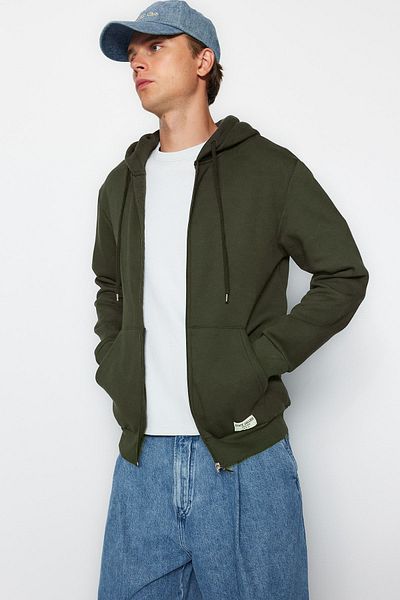 Trendyol Collection Fleecová mikina se zipem khaki – se štítkem, teplá Tmnaw23Sw00172