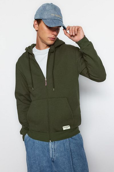 Trendyol Collection Fleecová mikina se zipem khaki – se štítkem, teplá Tmnaw23Sw00172