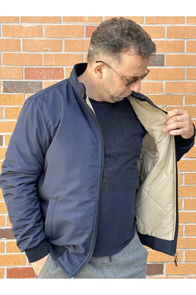 STONCS MEN'S DARK BLUE WINTER HIGH COLLAR COAT
