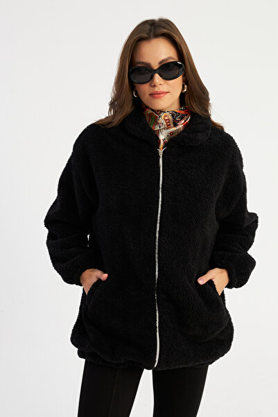 Cool & Modest Schwarzer Plüsch-Damenmantel – MLYT58