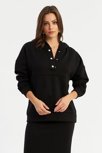 Cool & Sexy Women's Black Hooded Sweatshirt - Snap Fastener Tf22
