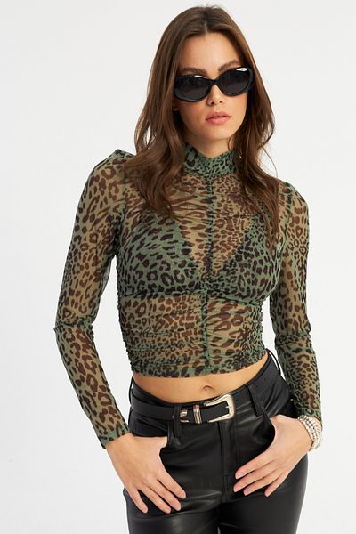 Cool & Sexy Γυναικεία Χακί Μαζευμένη Λεοπάρ Τούλι Μπλούζα AYD379