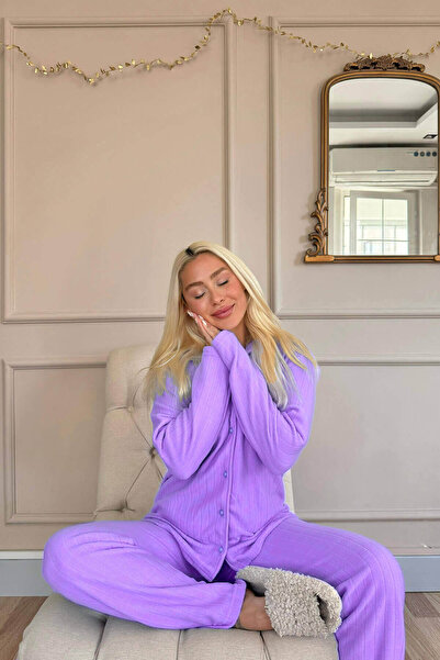 Pijamaevi Mor Düz Önden Düğmeli Peluş Polar Pijama Takımı