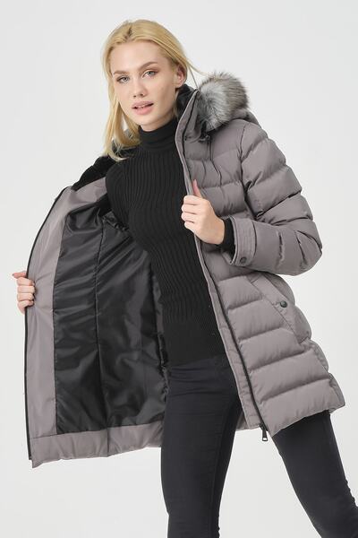 PIQUE Women's Faux Fur Collar Removable Hooded Puffer Coat Yasmin Gray