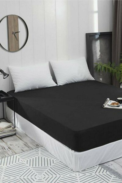 Buem Home ملاءة سرير من القطن الممشط باللون الأسود - مقاس 160x200 مرنة