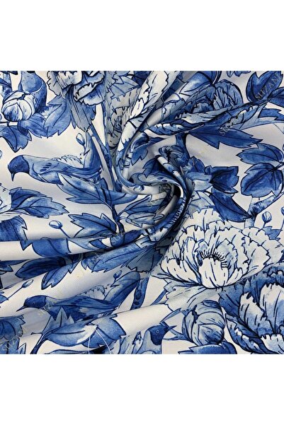 SUZANİ Mavi Büyük Çiçek Desenli Dijital Baskılı Kumaş Kms-1207
