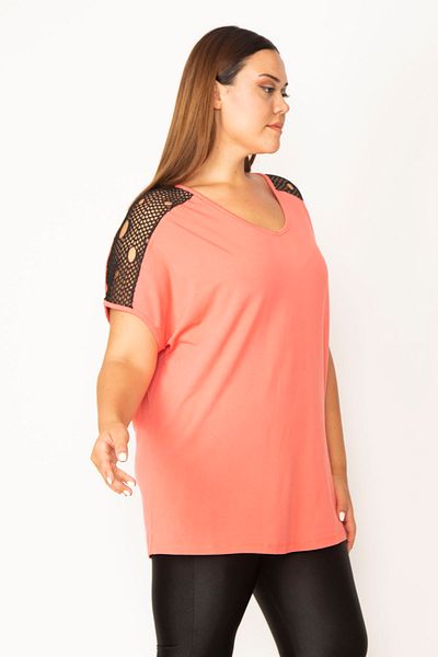 Şans Women's Large Size Pomegranate Shoulder Lace V-Neck Viscose Blouse 65n27507