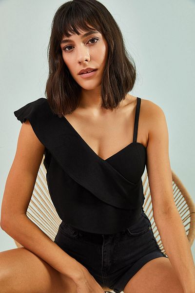 Bianco Lucci Schwarze gemusterte One-Shoulder-Bluse für Damen