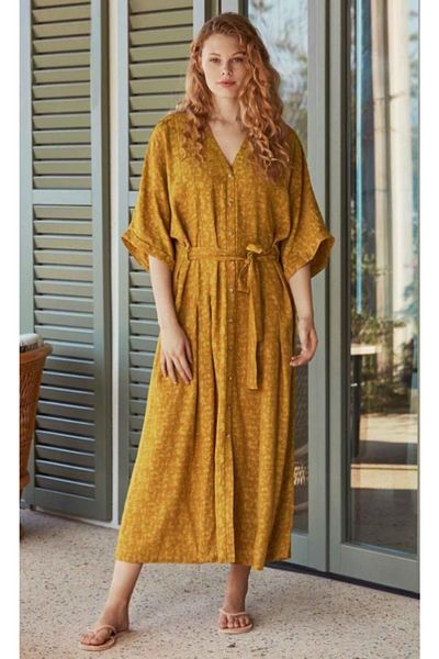 Penyemood Combed Cotton Mood 8527 Women's Front Buttoned Dress Yellow