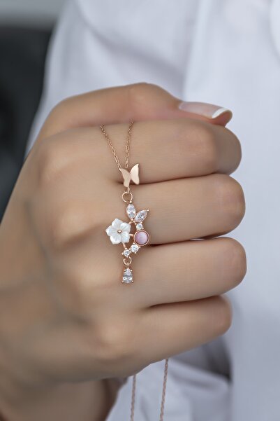 Nereze 925 Ayar Gümüş Pembe Taşlı Kelebek Manolya Çiçeği Kolye