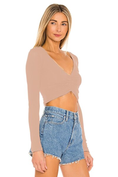 By Kul Design Μπεζ Crop Top - V-λαιμόκοψη, Μεταξωτό Τζέρσεϊ, Γυναικείο