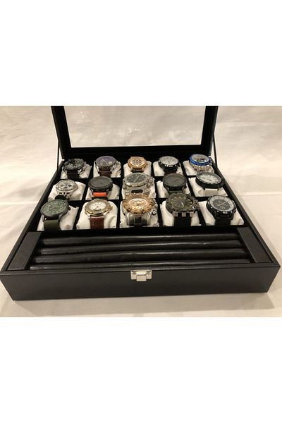 Axe 15 Compartment Leather Look Unisex Glass Visual Wristwatch Bracelet Necklace Ring Jewelry Wedding Ring Box