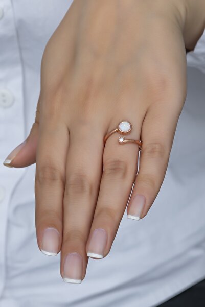 Nereze 925 Ayar Ayarlanabilir Tektaş Beyaz Opal Taşlı Gümüş Yüzük