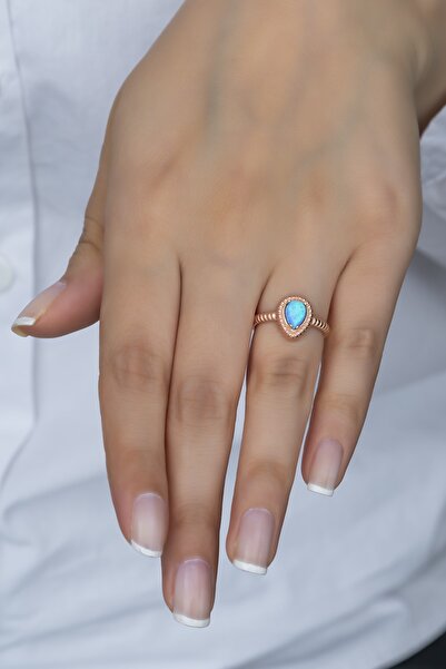 Nereze 925 Ayar Ayarlanabilir Damla Mavi Opal Taşlı Gümüş Yüzük