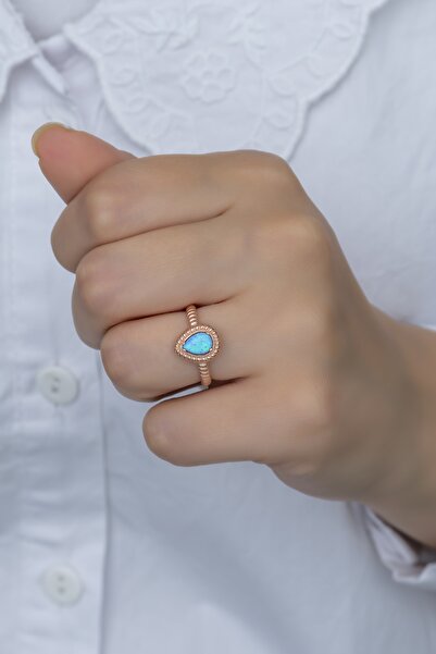 Nereze 925 Ayar Ayarlanabilir Damla Mavi Opal Taşlı Gümüş Yüzük