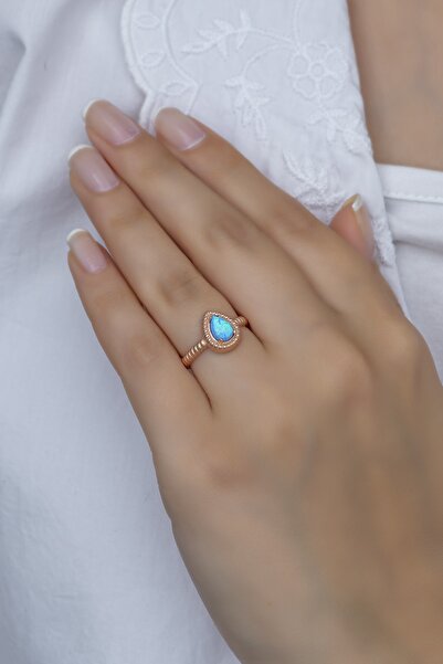 Nereze 925 Ayar Ayarlanabilir Damla Mavi Opal Taşlı Gümüş Yüzük