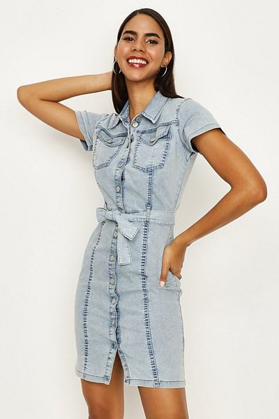 Select Moda Γυναικείο τζιν φόρεμα με μπλε ζωσμένο κουμπιά