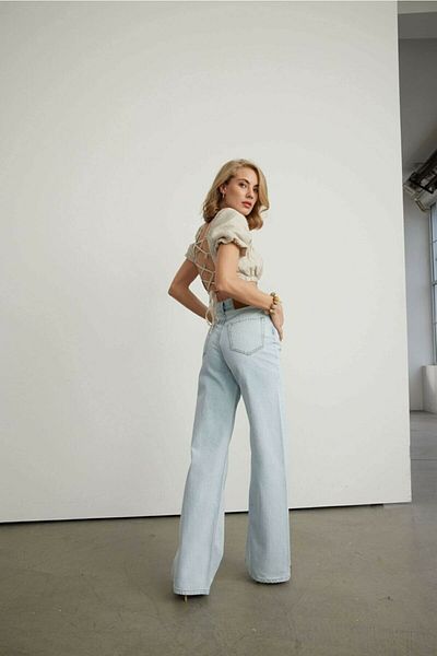 Trn JNS Blue Lycra cu talie super înaltă, blugi largi, pantaloni Palazzo