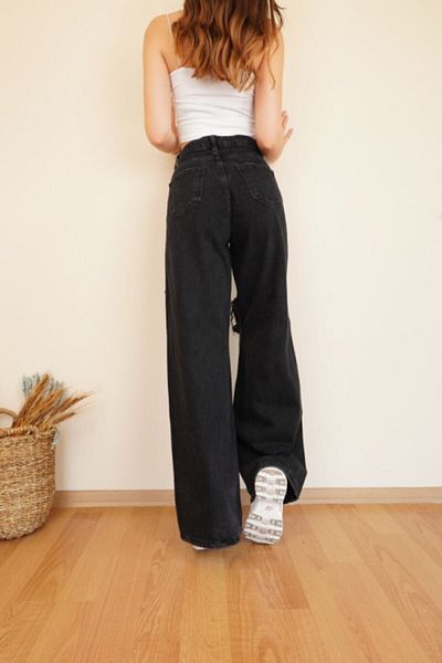 Trn JNS Μαύρο Lycra Super ψηλόμεσο τζιν Loose Leg Jeans Palazzo Παντελόνι