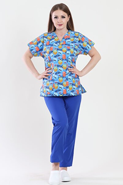 ModaCanel بدلة طبية من الجيرسيه بنمط ممرضة دكتور مونستر برقبة على شكل حرف V