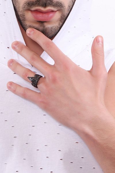 LABALABA Men's Metallic Anthracite Lacquer Plated Adjustable Albatross Ring