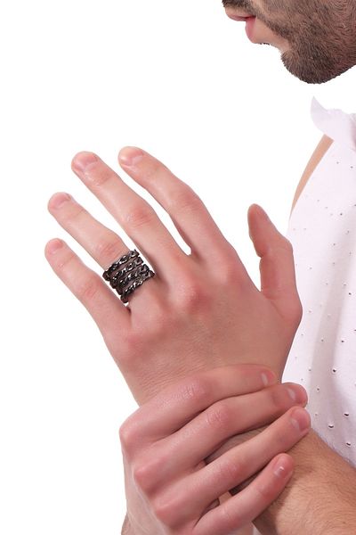 LABALABA Men's Metallic Anthracite Lacquer Coated Adjustable 4 Rows Weave Textured Ring