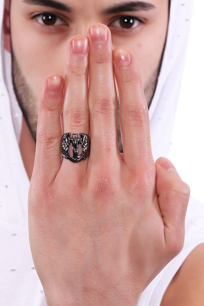 LABALABA Men's Metallic Anthracite Lacquer Plated Adjustable Winged Angel Ring