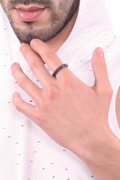 LABALABA Men's Metallic Anthracite Lacquer Coated Adjustable Twisted Wrap Formed Ring