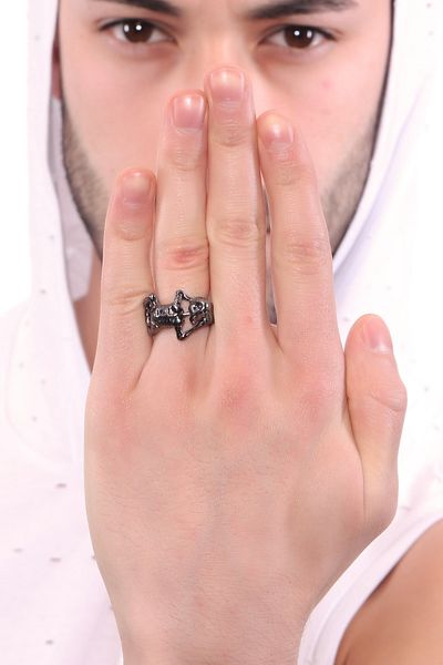 LABALABA Men's Metallic Anthracite Lacquer Plated Adjustable Skeleton Ring