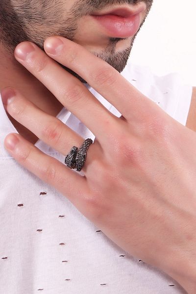 LABALABA Men's Metallic Anthracite Lacquer Plated Adjustable Double Headed Dragon Ring