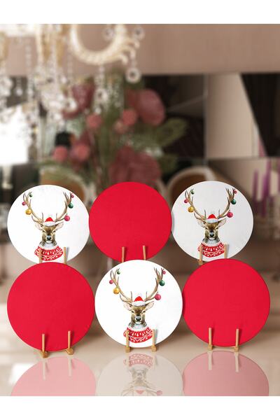 Realhomes 6'lı Geyik & Kırmızı Renkli Yılbaşı Temalı Supla & Servis Altlığı