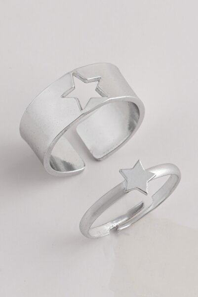 Sortie Aksesuar Çelik Yıldız Figürlü Boyu Ayarlanabilir 2'li Çift Yüzük 008