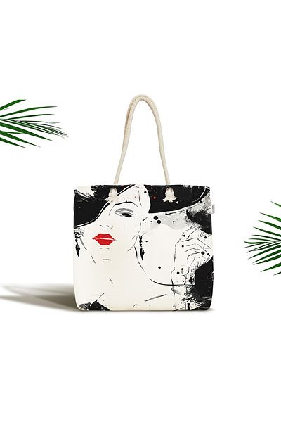 Realhomes Ασπρόμαυρη Fashion Girl Motif Τσάντα παραλίας με φερμουάρ και κόκκινο κραγιόν