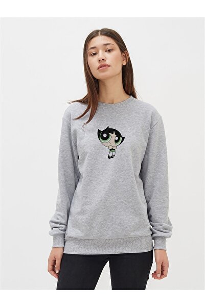 QIVI سويت شيرت نسائي محبوك باللون الرمادي مطبوع عليه كوب الفراشة من Powerpuff...