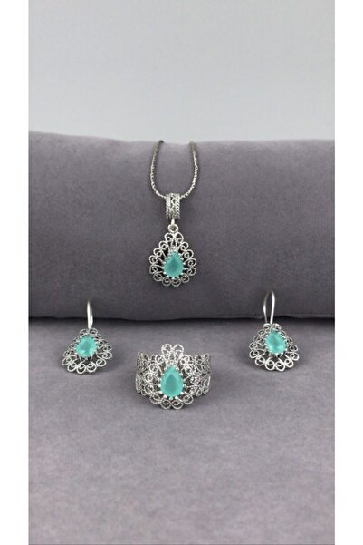 BEY SİLVER Telkari Turkuaz Taşlı Damla Gümüş Kadın Set